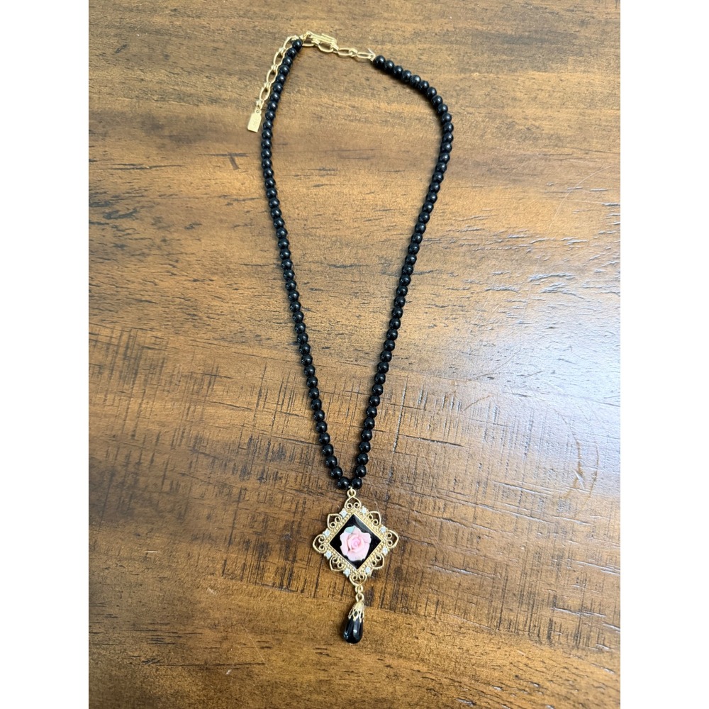 1928 Jewelry Black Beaded Necklace Porcelain Pink Rose Filigree Pendant Vintage
